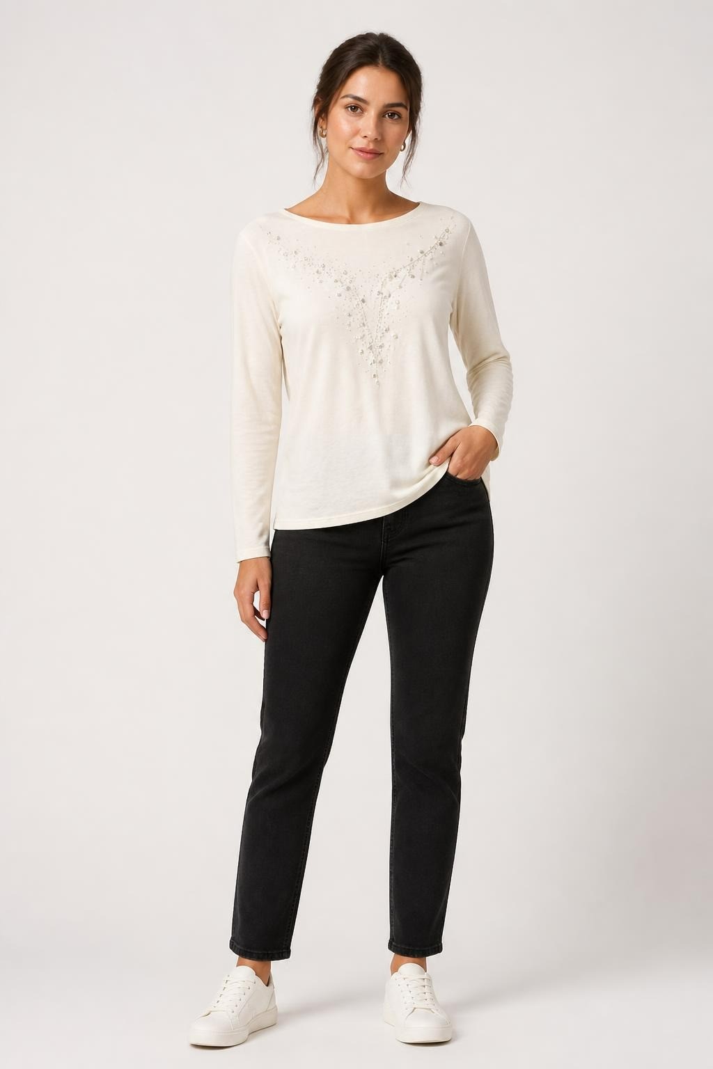 White Long Sleeve Top Silver Crystal Embellishment - pre-loved at Why Go Less, Lebanon