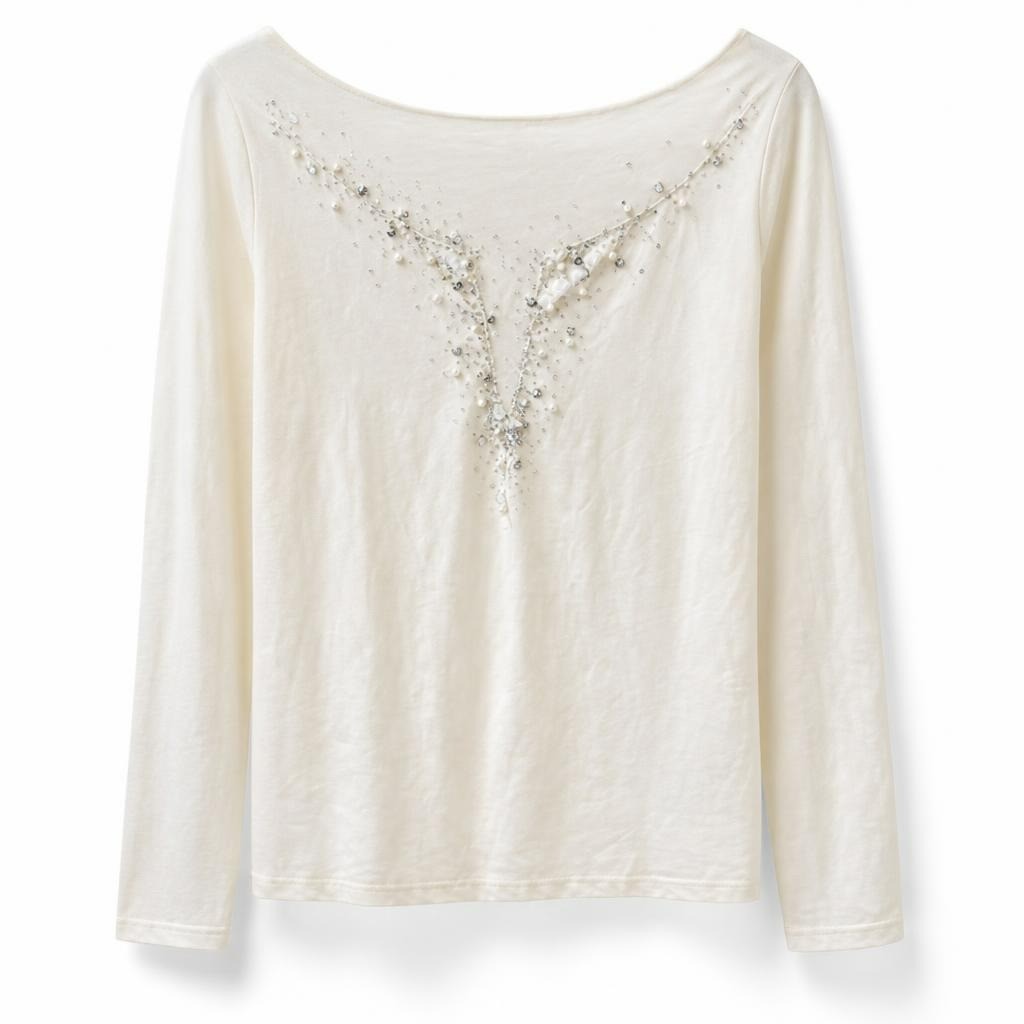 White Long Sleeve Top Silver Crystal Embellishment - pre-loved at Why Go Less, Lebanon