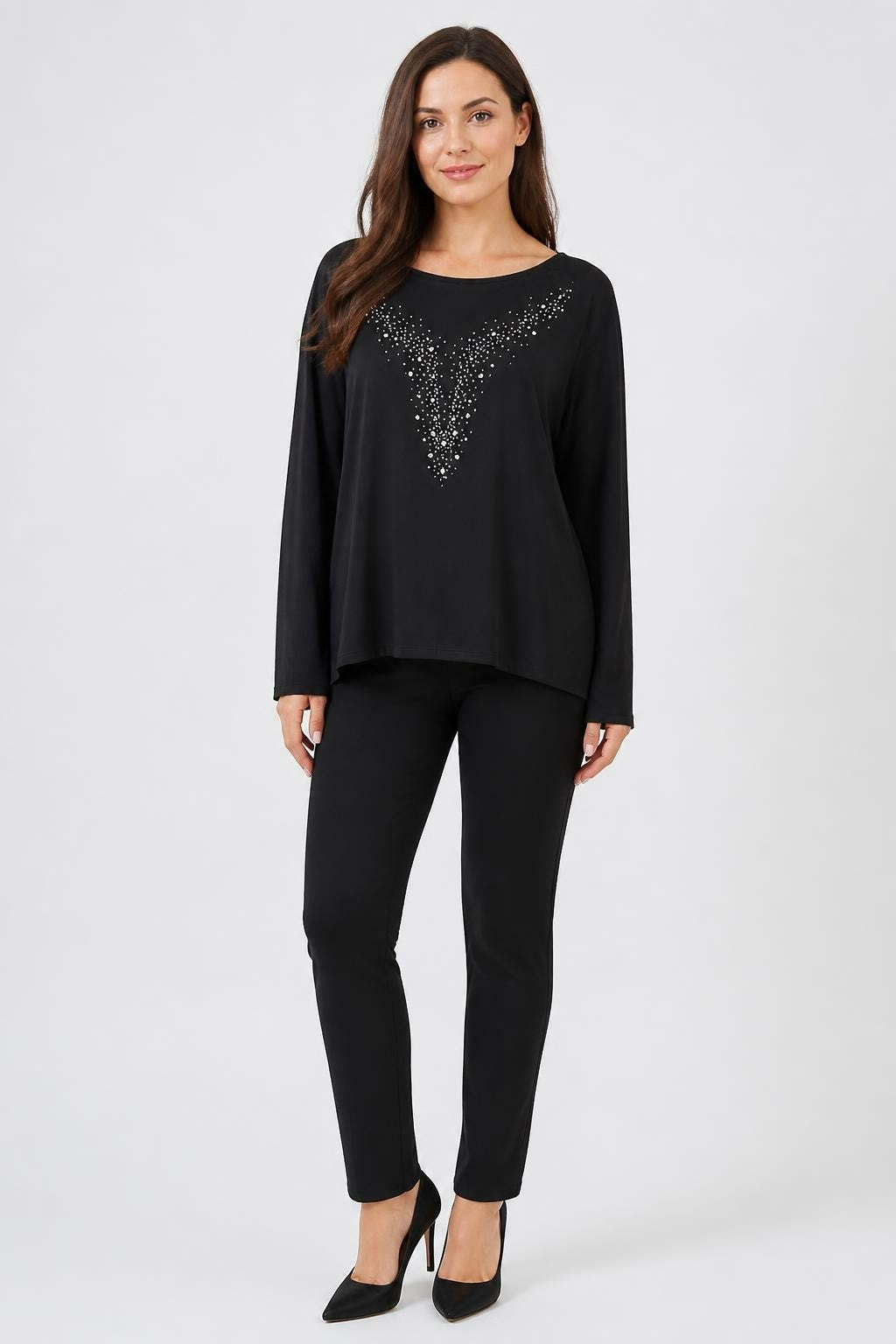 Black Long Sleeve Top Gold Studded V Detail - pre-loved at Why Go Less, Lebanon