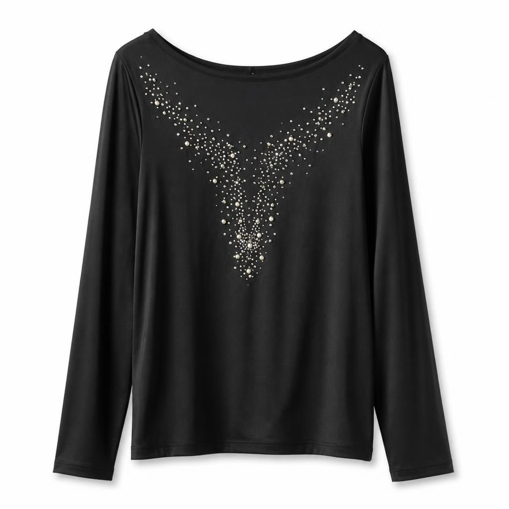 Black Long Sleeve Top Gold Studded V Detail - pre-loved at Why Go Less, Lebanon