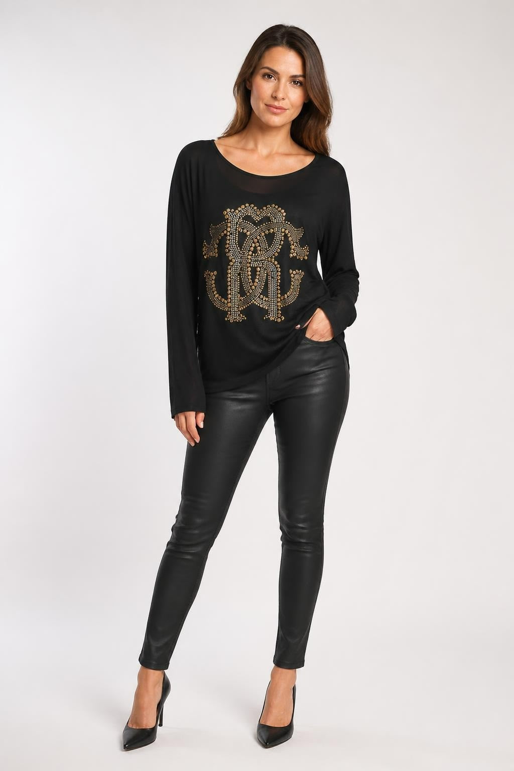Roberto Cavalli Black Mesh Top Gold Studded Logo - pre-loved at Why Go Less, Lebanon