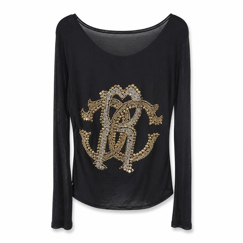 Roberto Cavalli Black Mesh Top Gold Studded Logo - pre-loved at Why Go Less, Lebanon