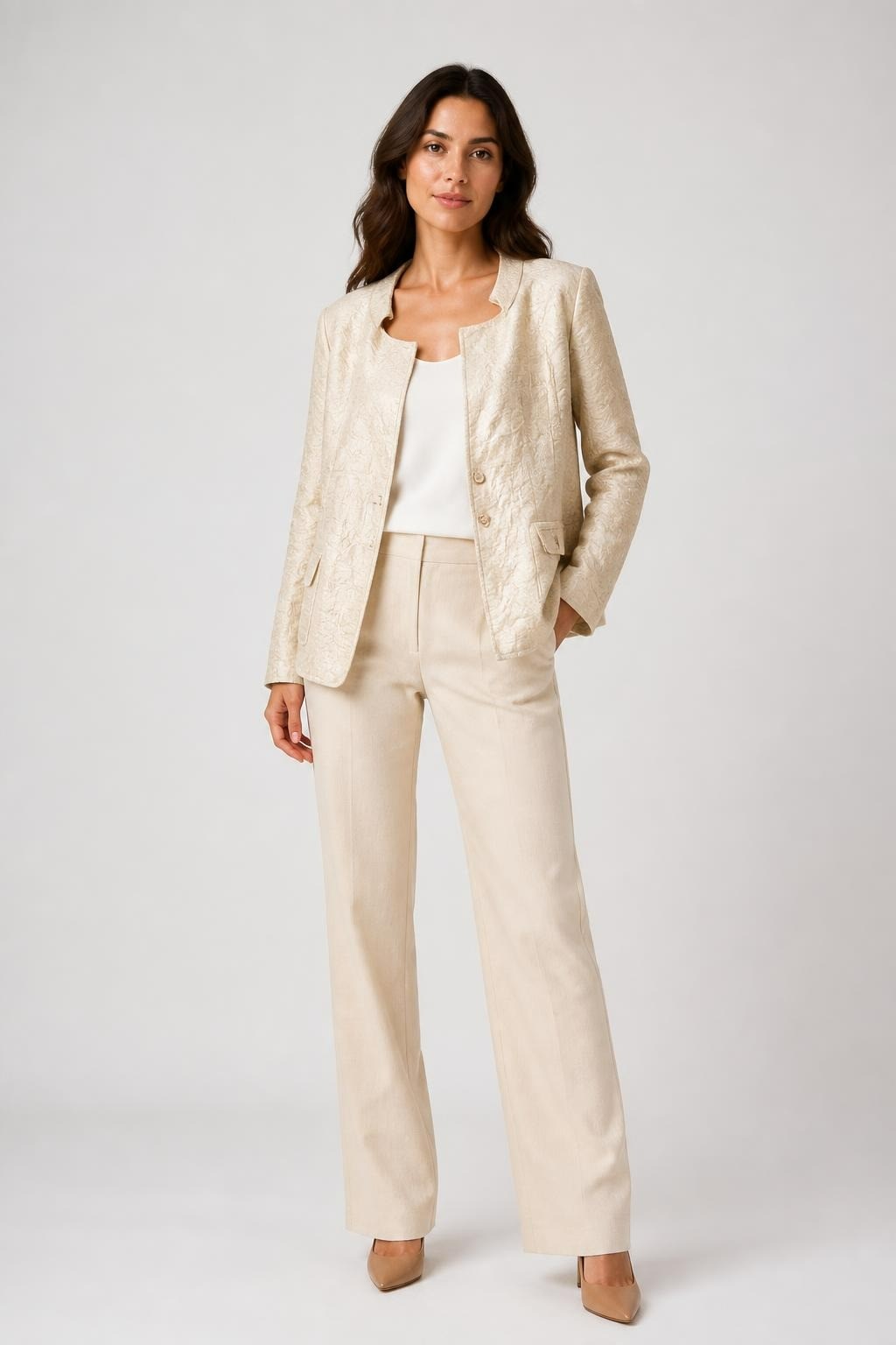 Cream Brocade Blazer Textured Fabric - pre-loved at Why Go Less, Lebanon