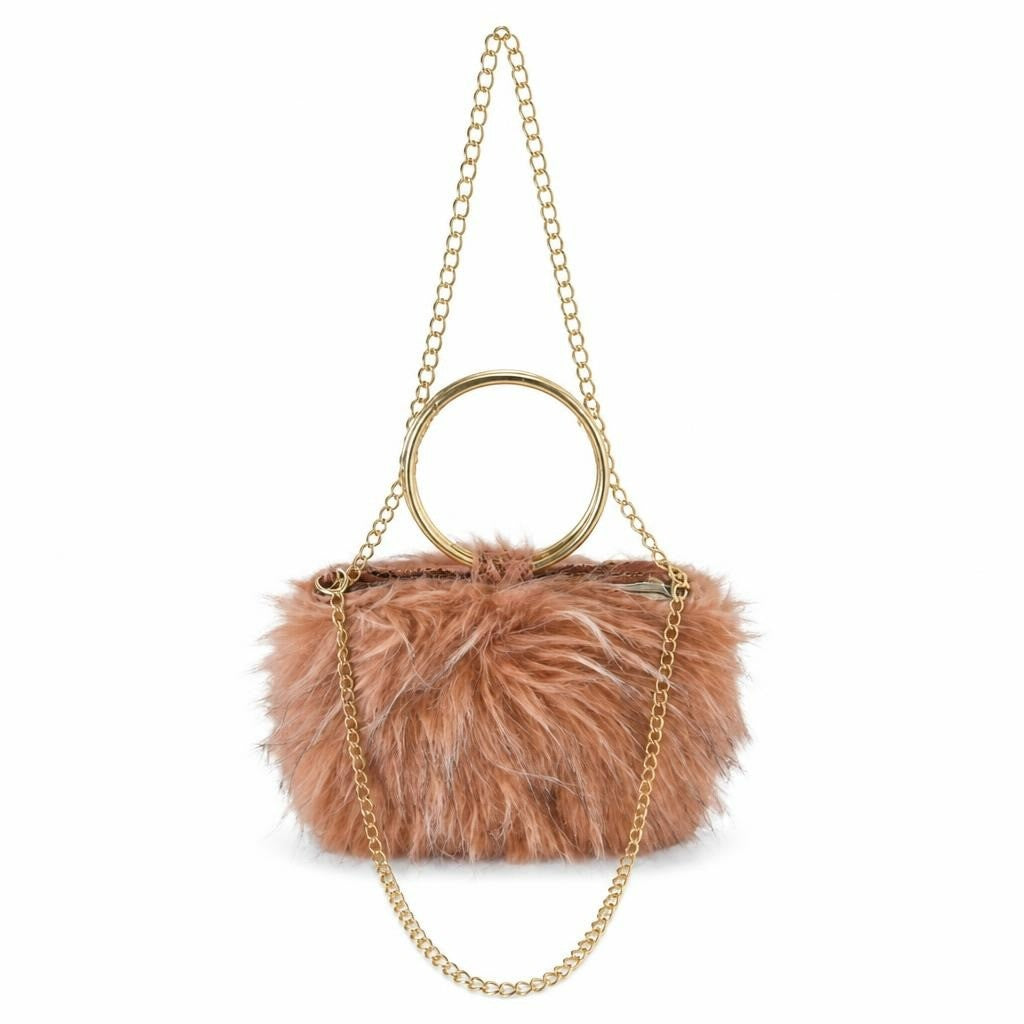 Fluffy Faux Fur Mini Bag Gold Chain Blush Pink - pre-loved at Why Go Less, Lebanon