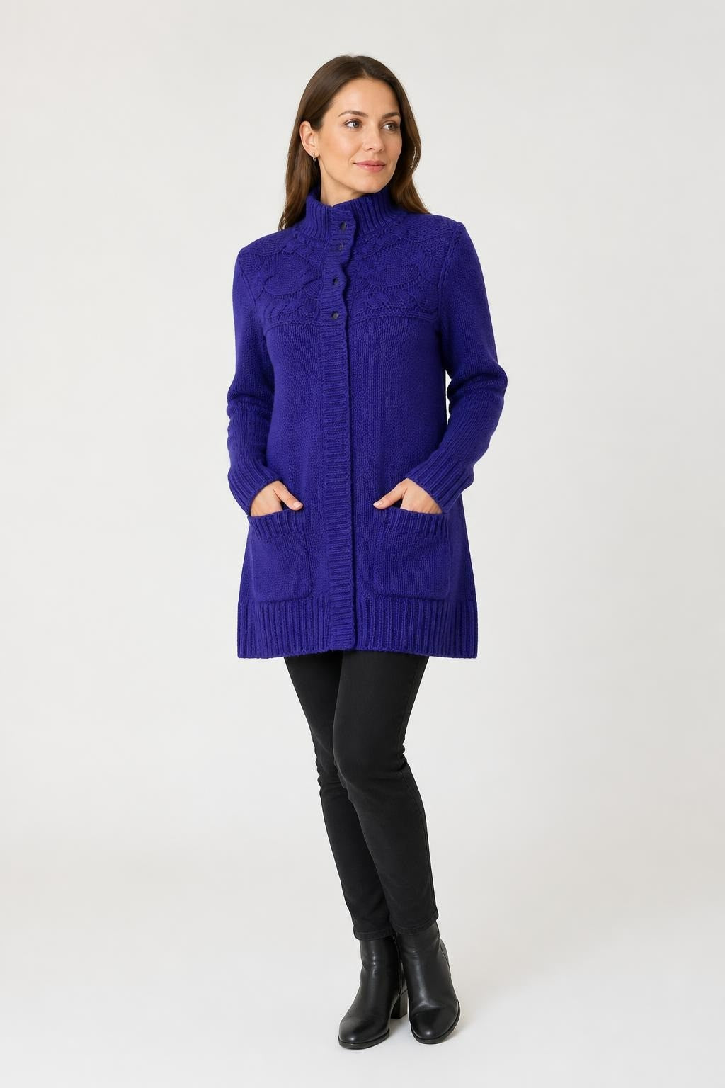 Purple Chunky Knit Long Cardigan with Pockets - pre-loved at Why Go Less, Lebanon