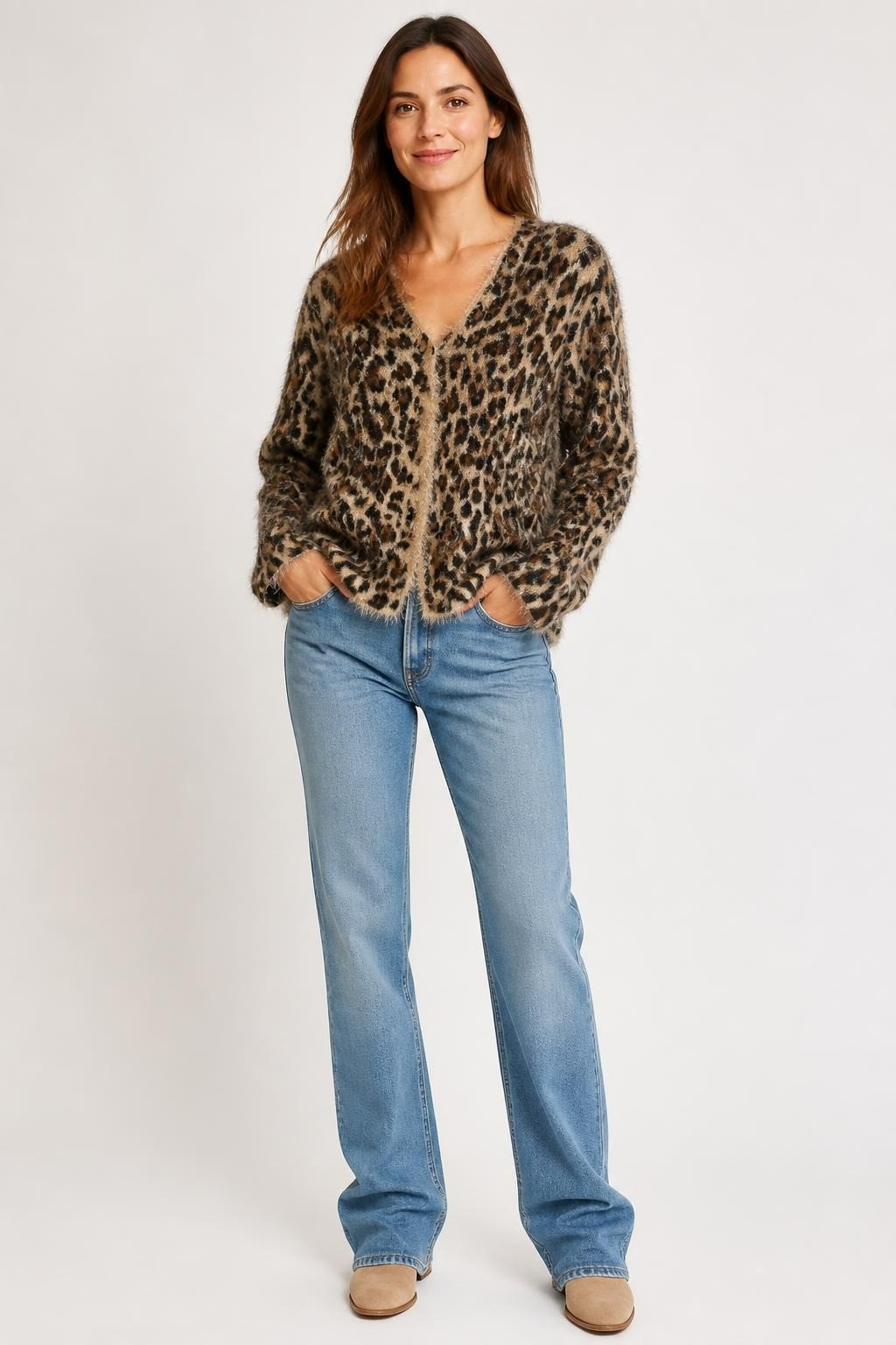 Fuzzy Leopard Print V-neck Sweater - pre-loved at Why Go Less, Lebanon