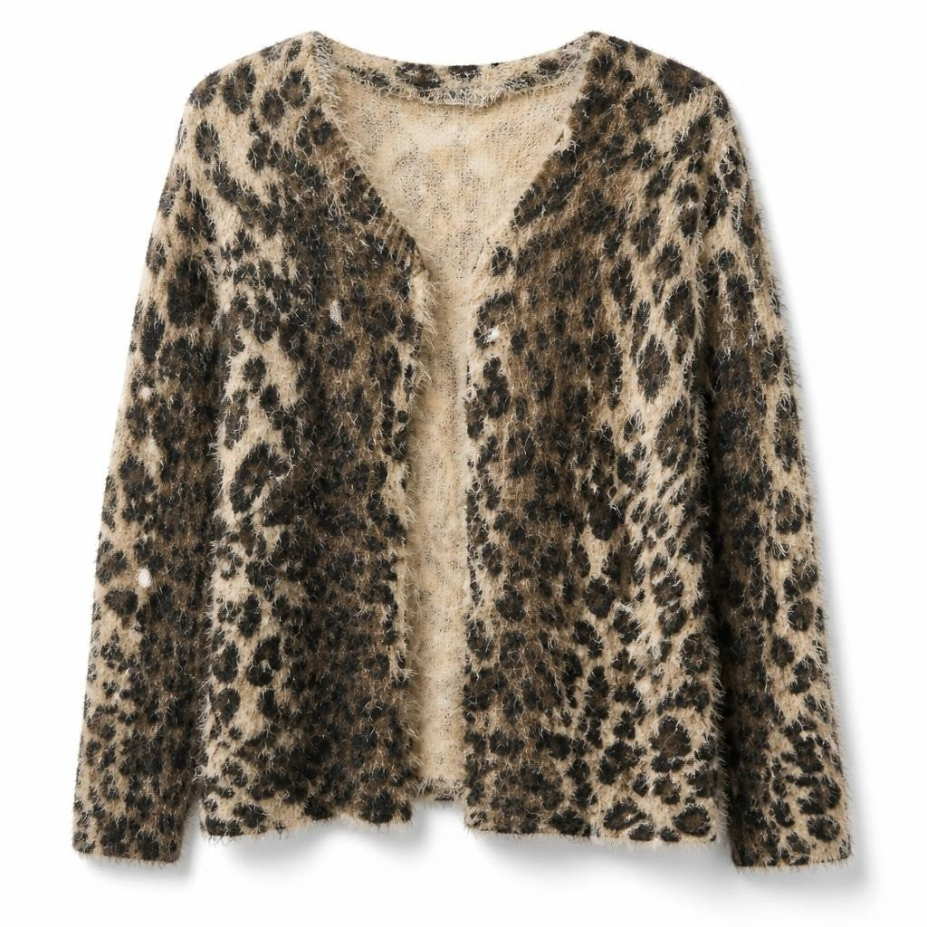 Fuzzy Leopard Print V-neck Sweater - pre-loved at Why Go Less, Lebanon
