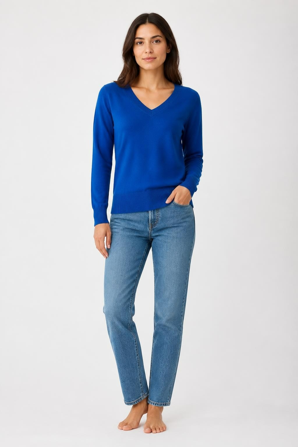 Blue V-neck Fine Knit Sweater - pre-loved at Why Go Less, Lebanon