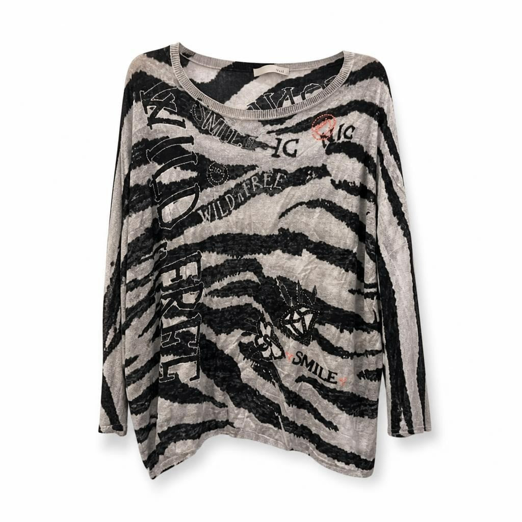 Wild & Free Zebra Print Graphic Tee, Grey - pre-loved at Why Go Less, Lebanon