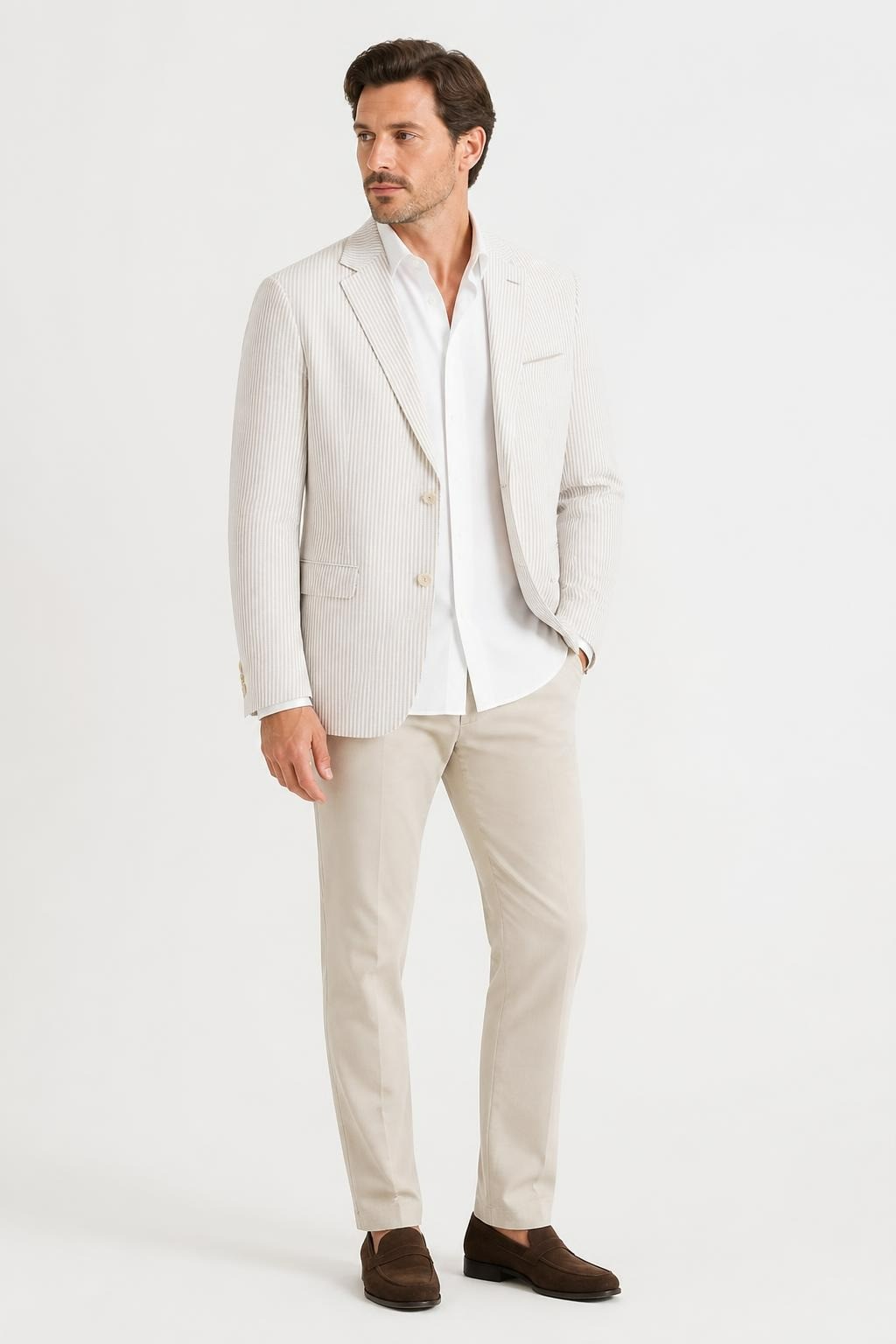 Striped White Beige Men's Blazer Seersucker - pre-loved at Why Go Less, Lebanon