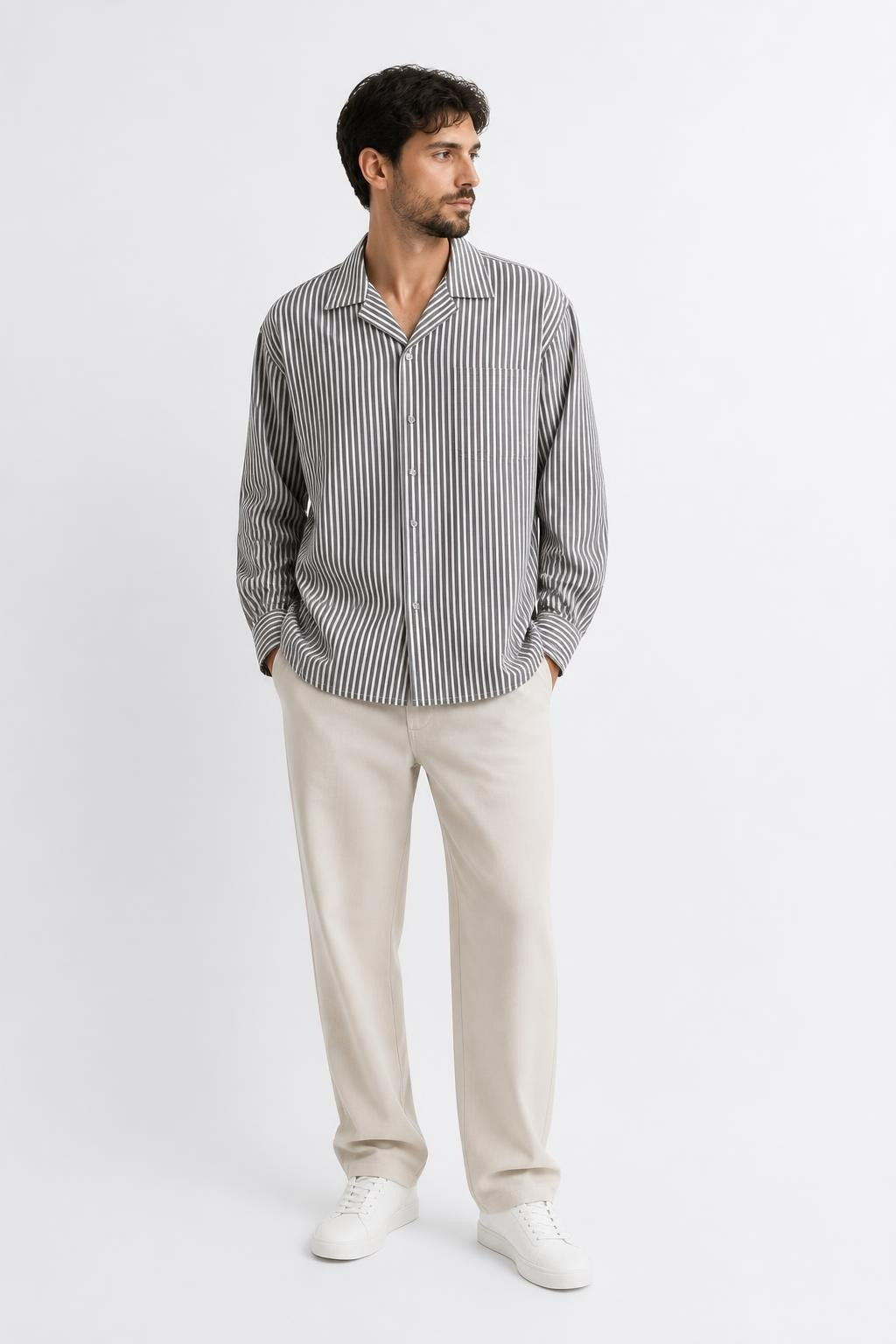 Striped Button-up Shirt, Brown/white, Unisex - pre-loved at Why Go Less, Lebanon