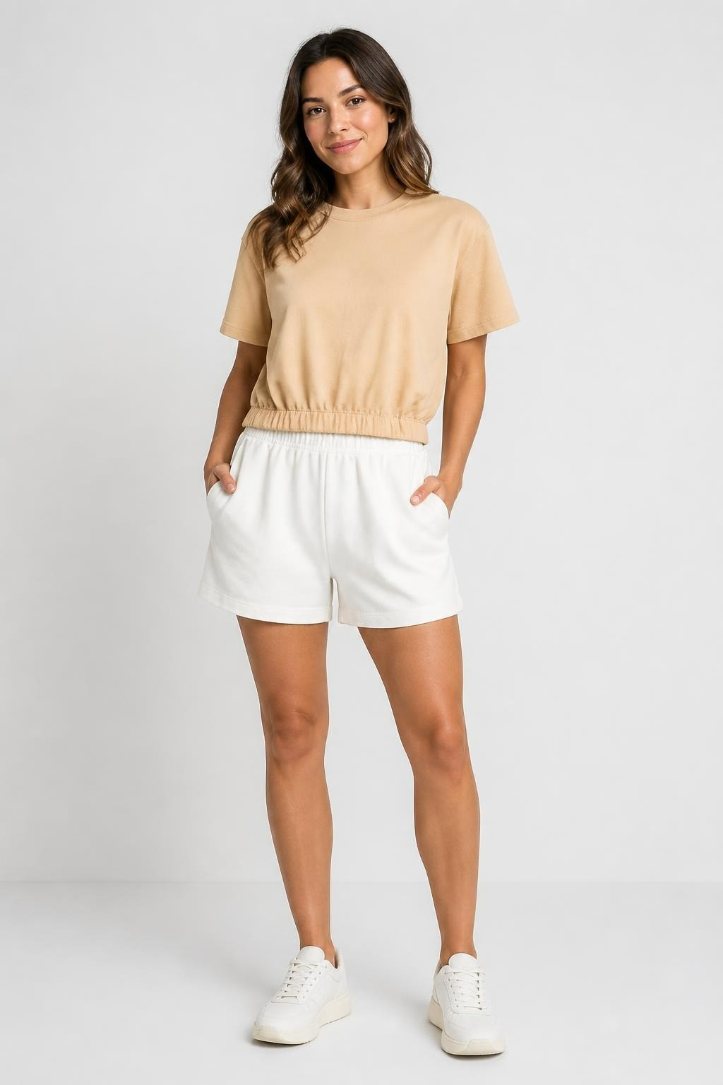 Beige Short-sleeve Cropped Sweatshirt Elastic Hem - pre-loved at Why Go Less, Lebanon
