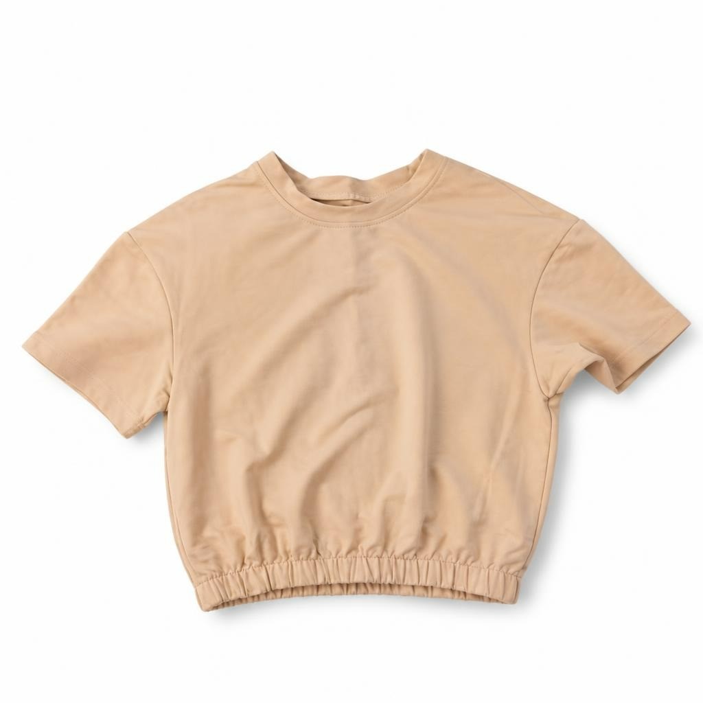 Beige Short-sleeve Cropped Sweatshirt Elastic Hem - pre-loved at Why Go Less, Lebanon