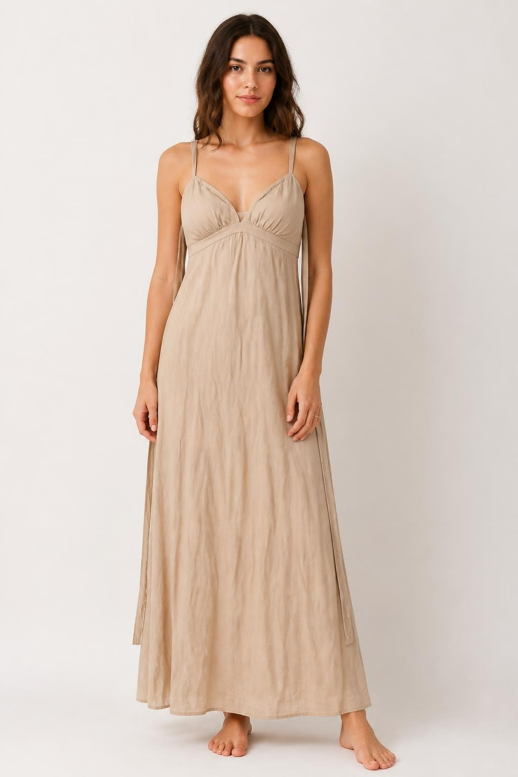 Beige Flowy Spaghetti Strap Midi Dress - pre-loved at Why Go Less, Lebanon