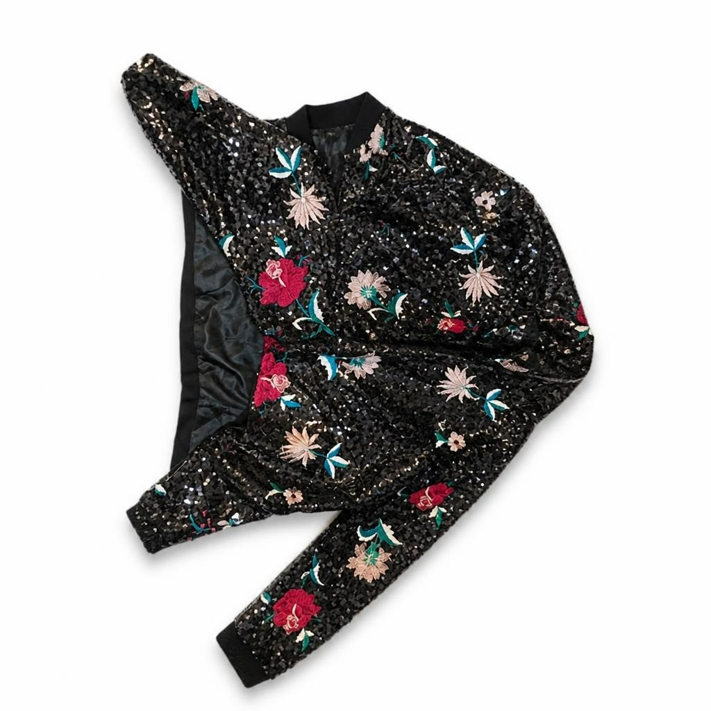 Black Sequin Floral Embroidered Jacket - pre-loved at Why Go Less, Lebanon