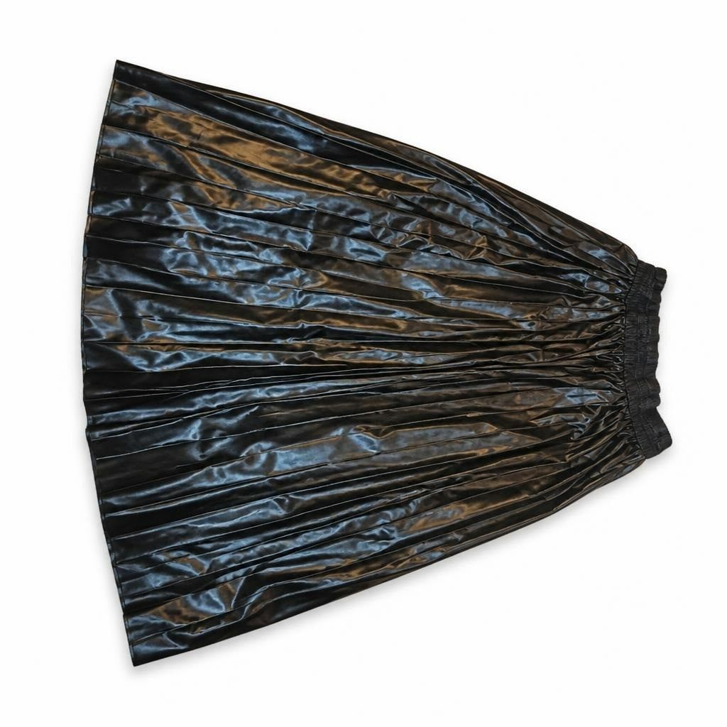 Black Pleated Faux-leather Midi Skirt - pre-loved at Why Go Less, Lebanon