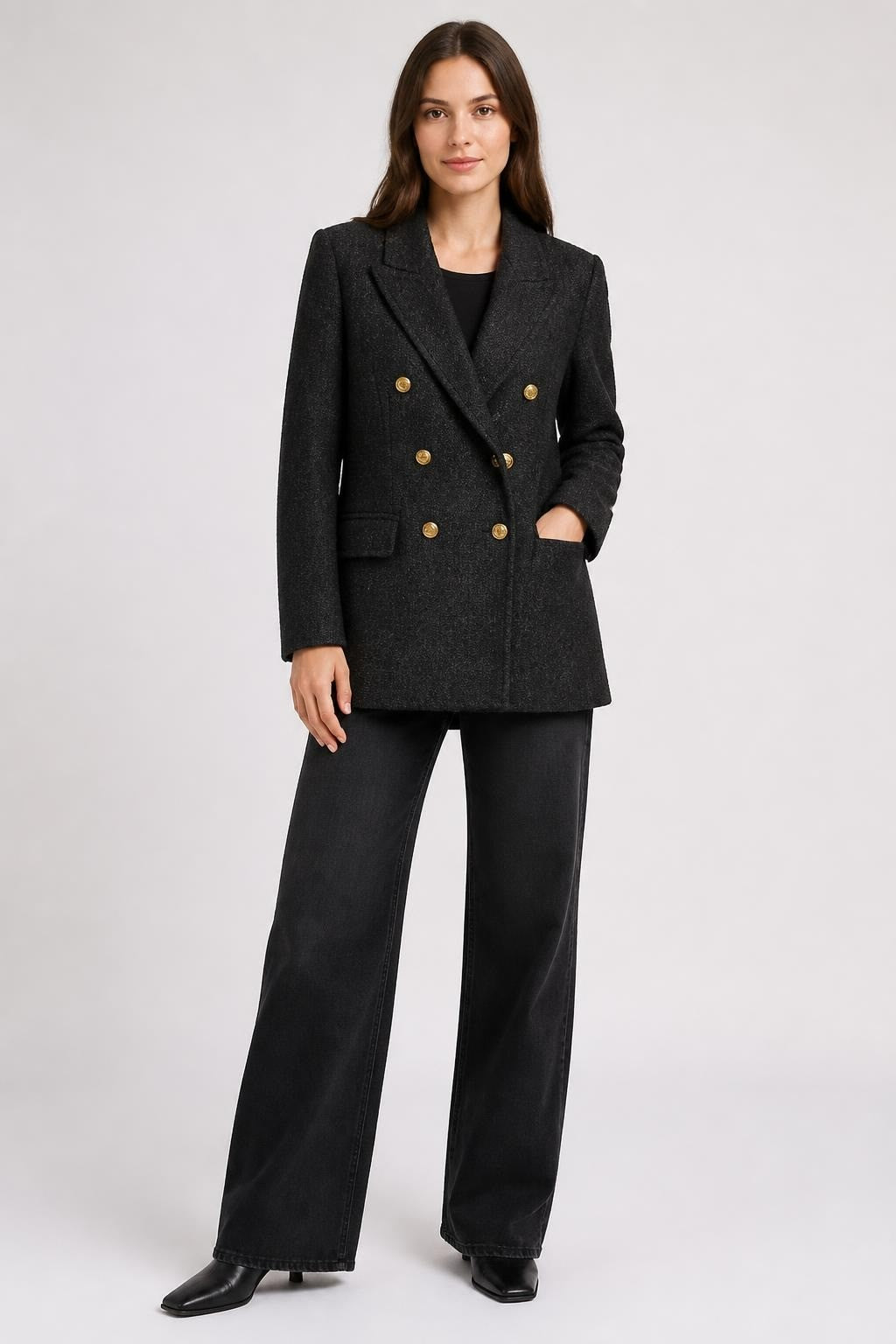 Dark Grey Double-breasted Blazer Gold Buttons - pre-loved at Why Go Less, Lebanon