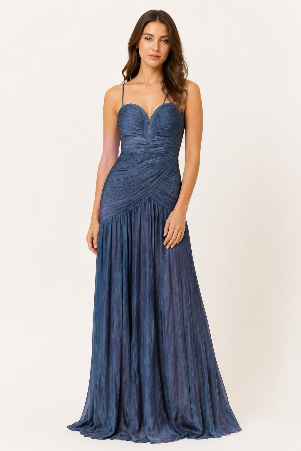 Ruched Navy Blue Spaghetti Strap Maxi Gown - pre-loved at Why Go Less, Lebanon