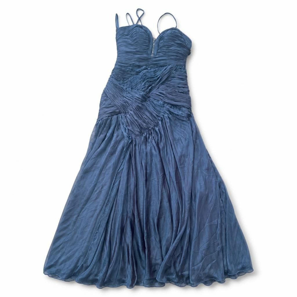 Ruched Navy Blue Spaghetti Strap Maxi Gown - pre-loved at Why Go Less, Lebanon