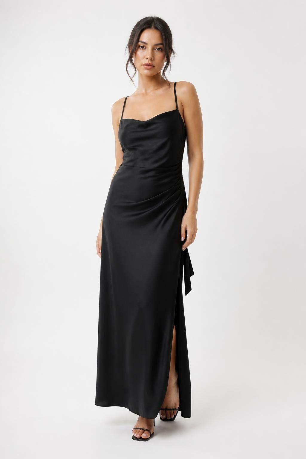 Black Satin Ruched Spaghetti Strap Maxi Dress - pre-loved at Why Go Less, Lebanon