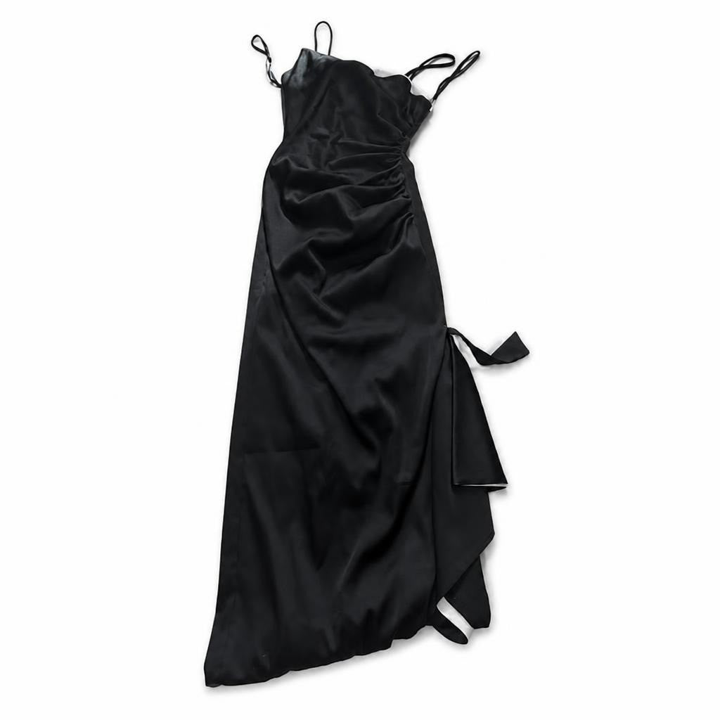 Black Satin Ruched Spaghetti Strap Maxi Dress - pre-loved at Why Go Less, Lebanon