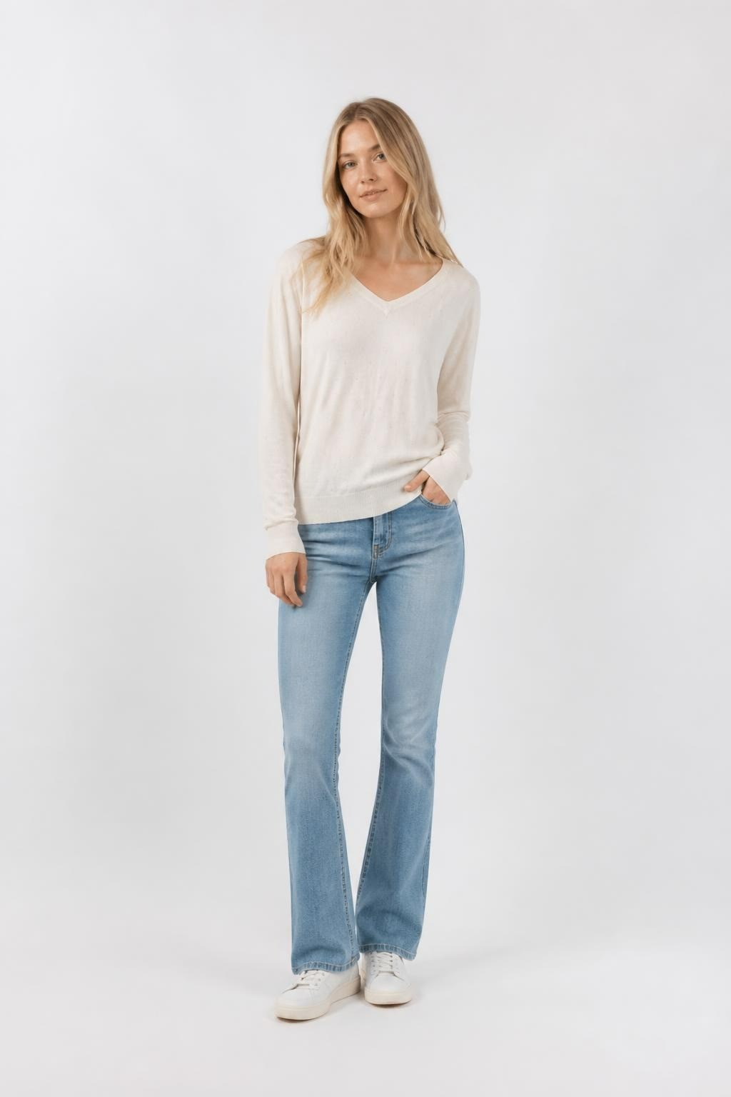 Cream V-neck Embellished Knit Sweater - pre-loved at Why Go Less, Lebanon