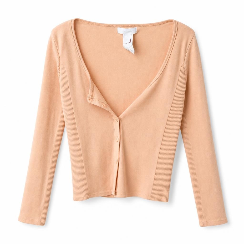 Peach V-neck Button-up Ribbed Cardigan - pre-loved at Why Go Less, Lebanon
