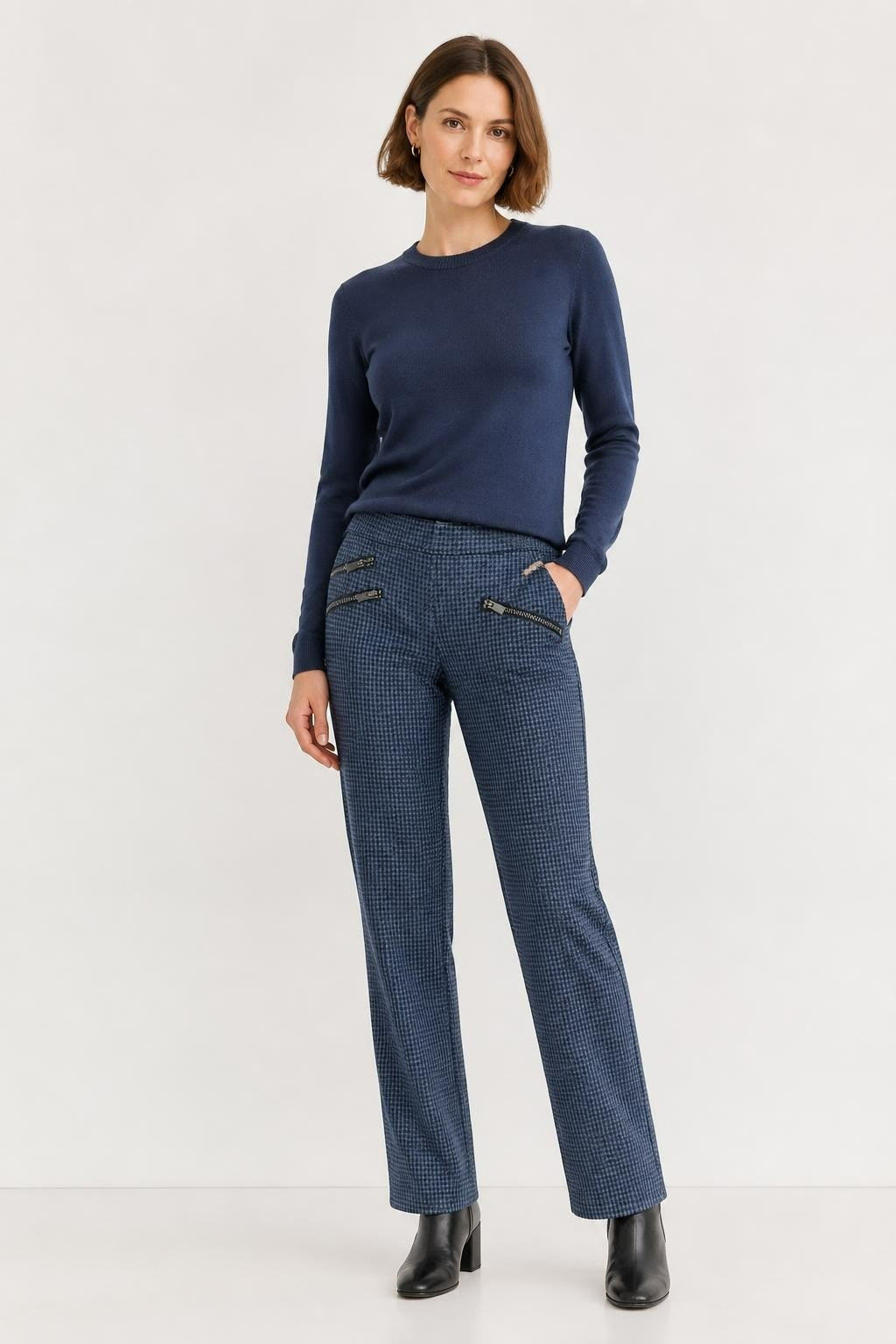 Blue Houndstooth Trousers with Zip Pockets - pre-loved at Why Go Less, Lebanon