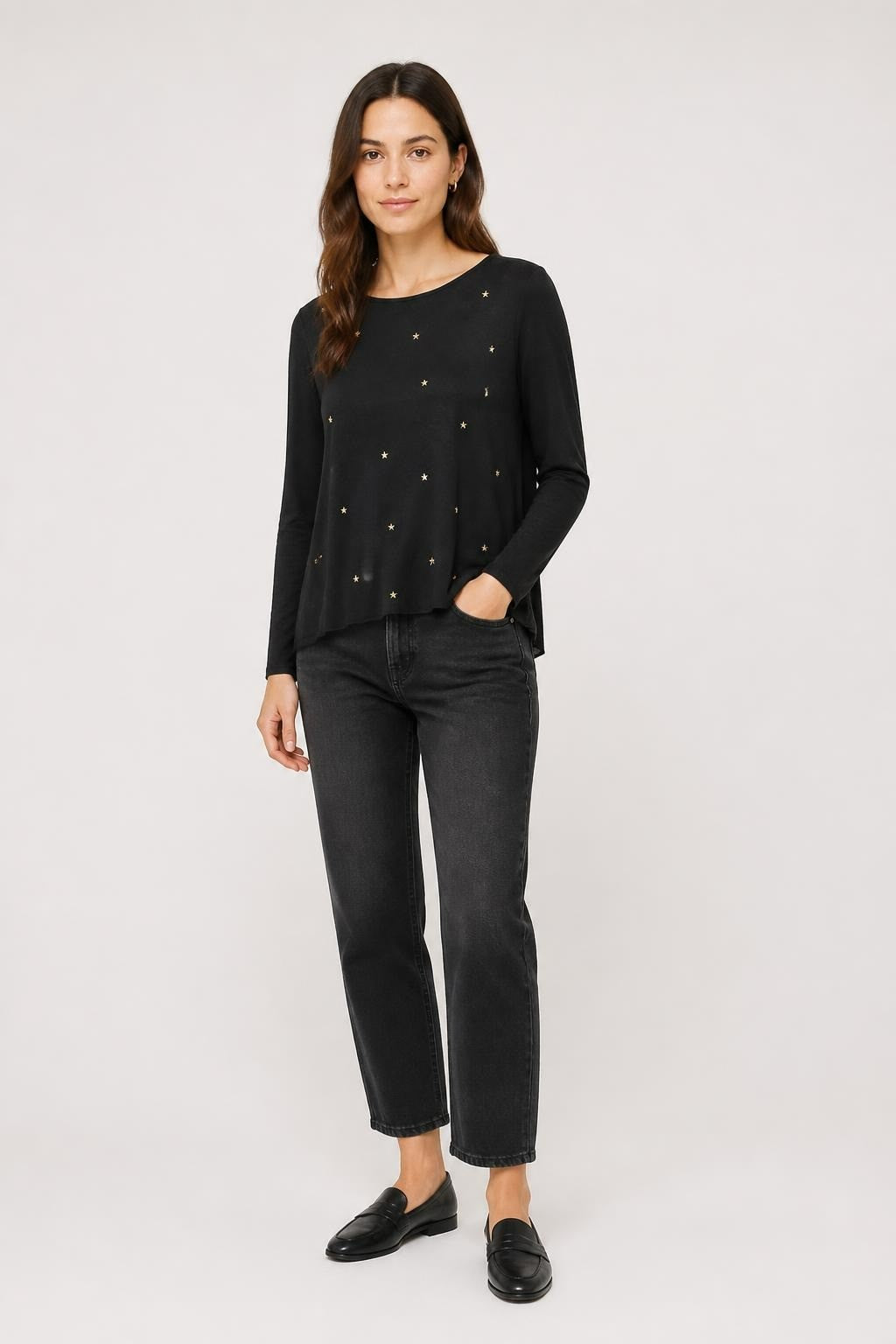 Black Sheer Top with Gold Star Embroidery - pre-loved at Why Go Less, Lebanon