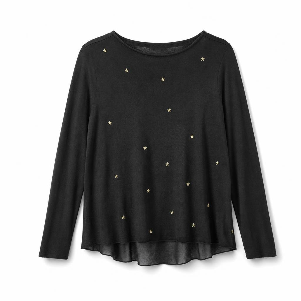 Black Sheer Top with Gold Star Embroidery - pre-loved at Why Go Less, Lebanon
