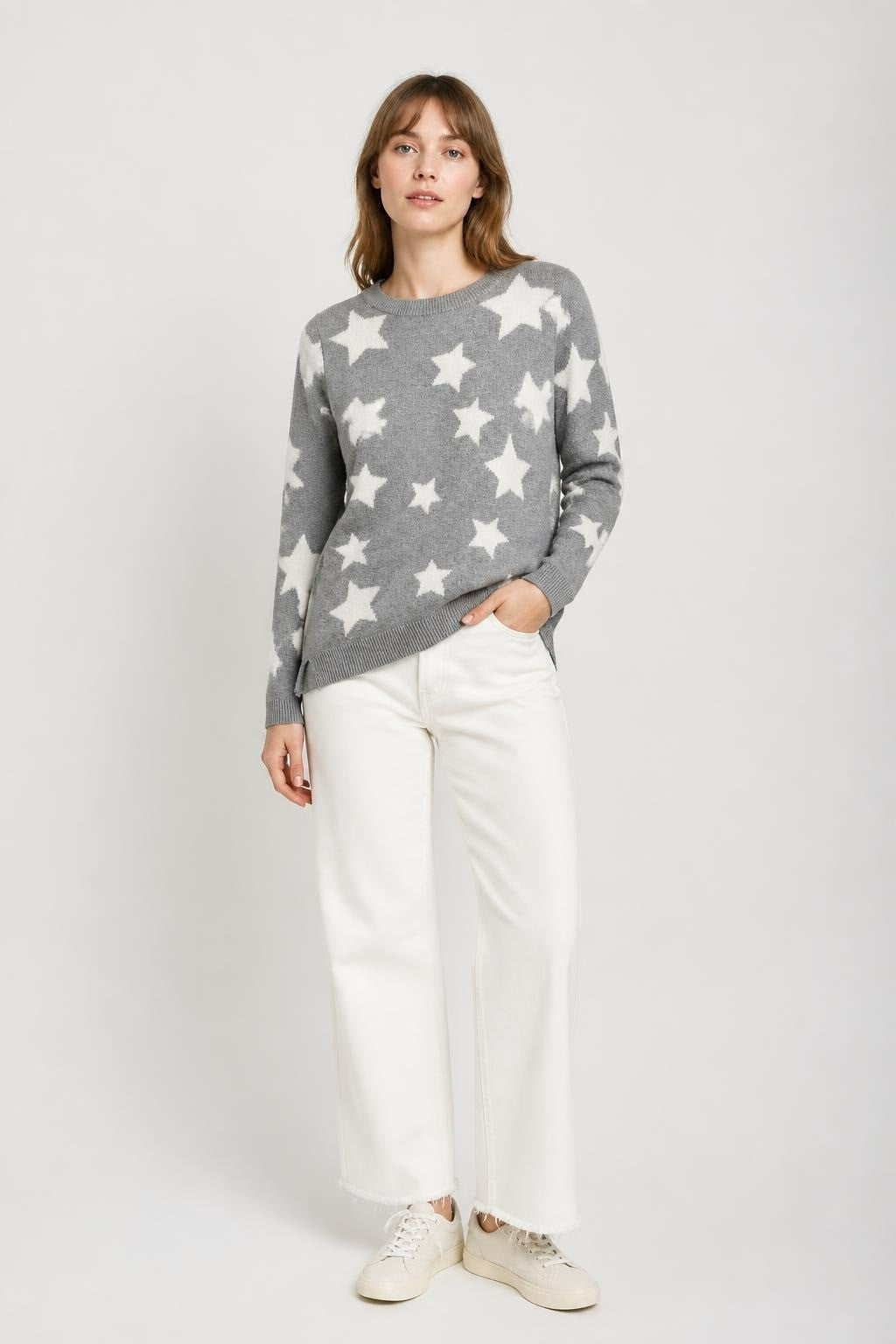 Ohmg Grey Knit Star Print Sweater - at Why Go Less, Lebanon