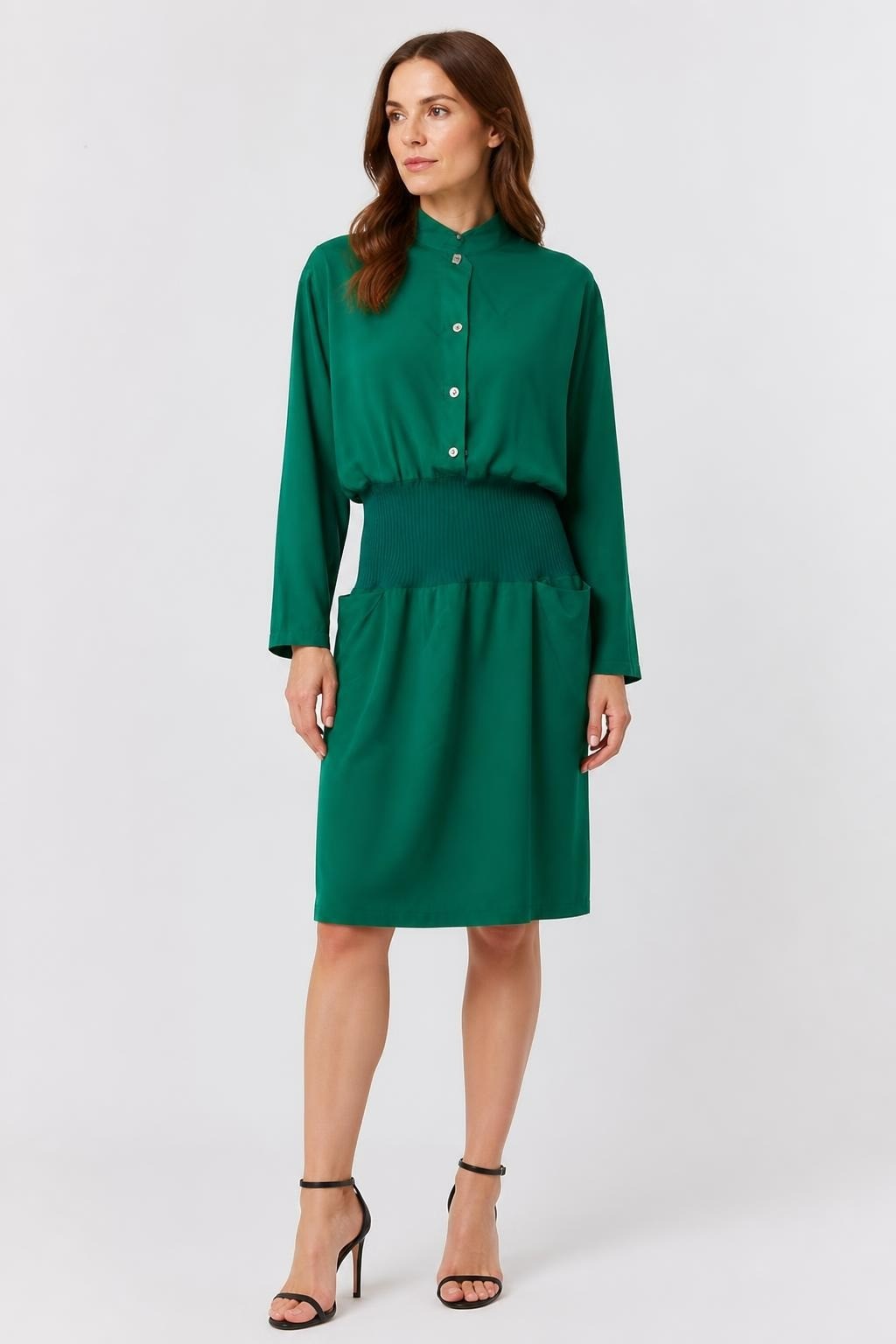 Green Long-sleeve Jumpsuit with Ribbed Waist Band - pre-loved at Why Go Less, Lebanon