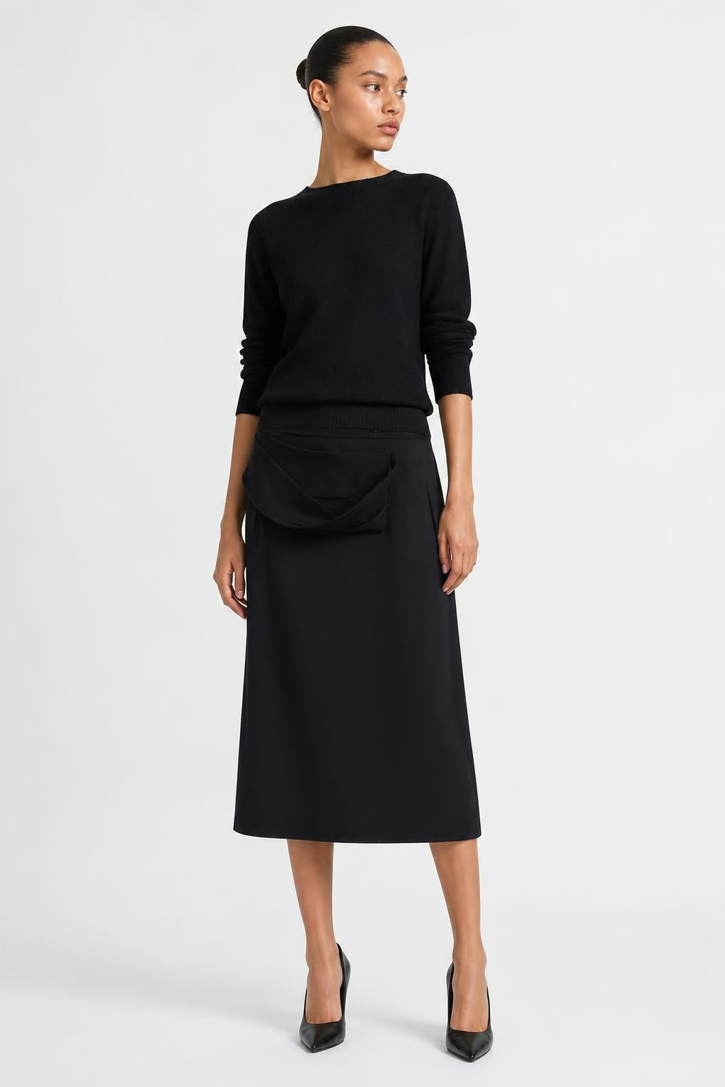 Black Midi Wrap-style Skirt with Folded Front Detail - at Why Go Less, Lebanon