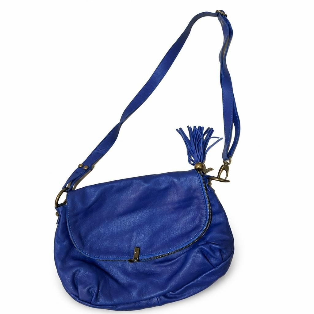 Blue Leather Crossbody Saddle Bag with Tassel - pre-loved at Why Go Less, Lebanon