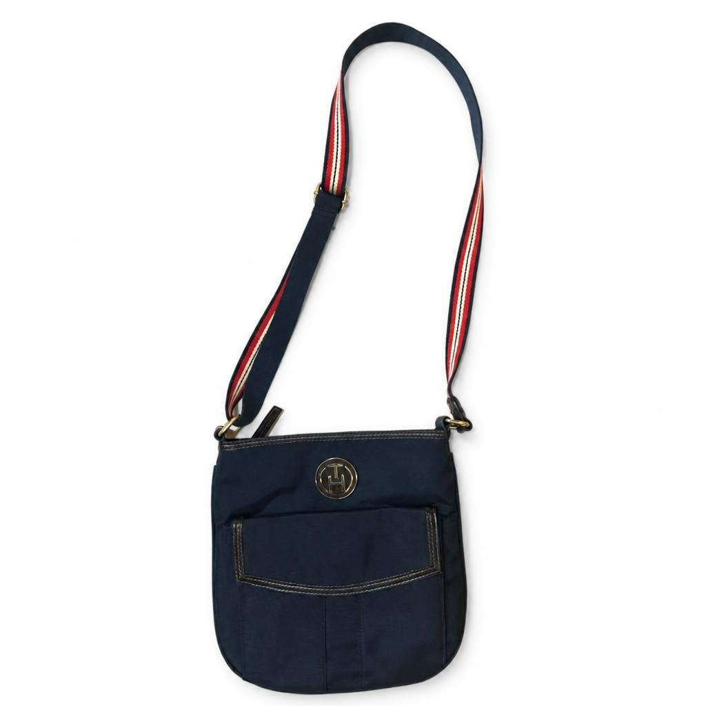 Tommy Hilfiger Crossbody Bag Navy Denim Striped Strap - pre-loved at Why Go Less, Lebanon