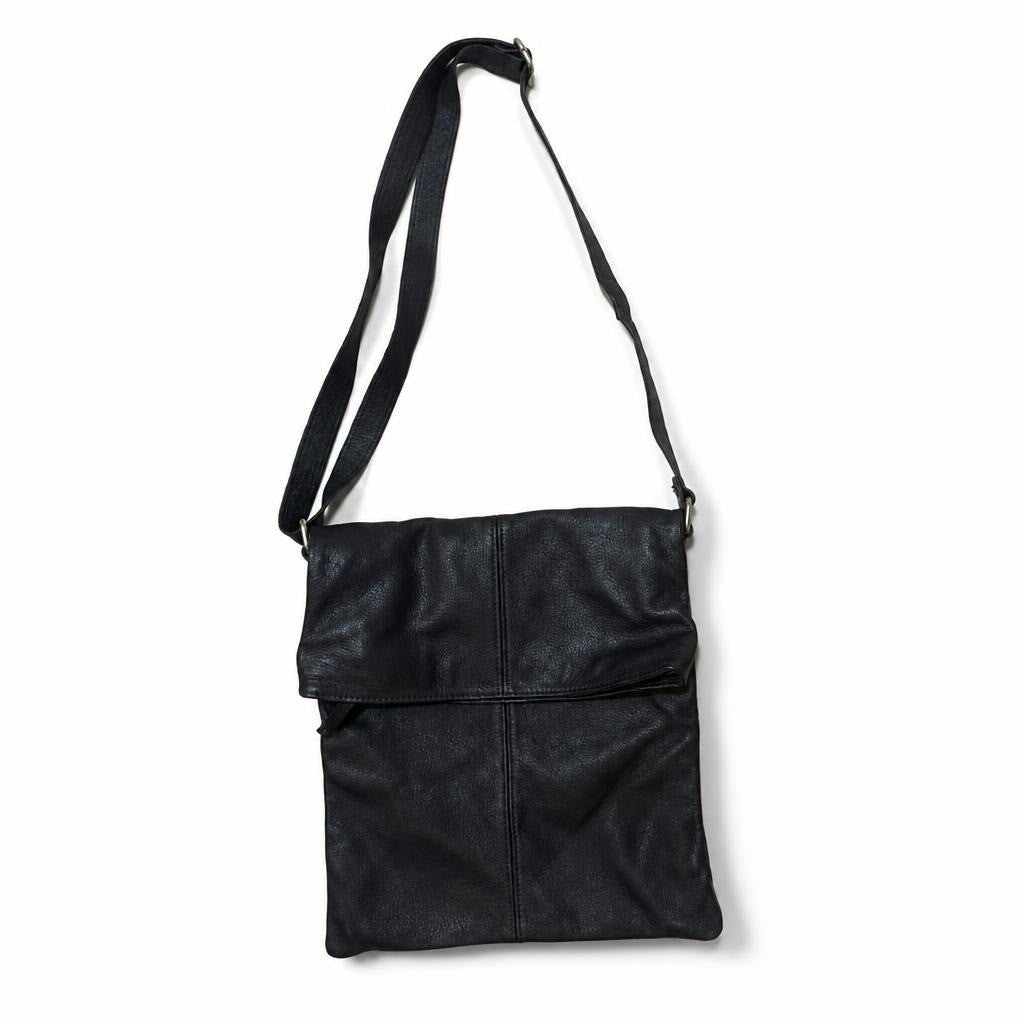 Black Leather Foldover Crossbody Messenger Bag - pre-loved at Why Go Less, Lebanon