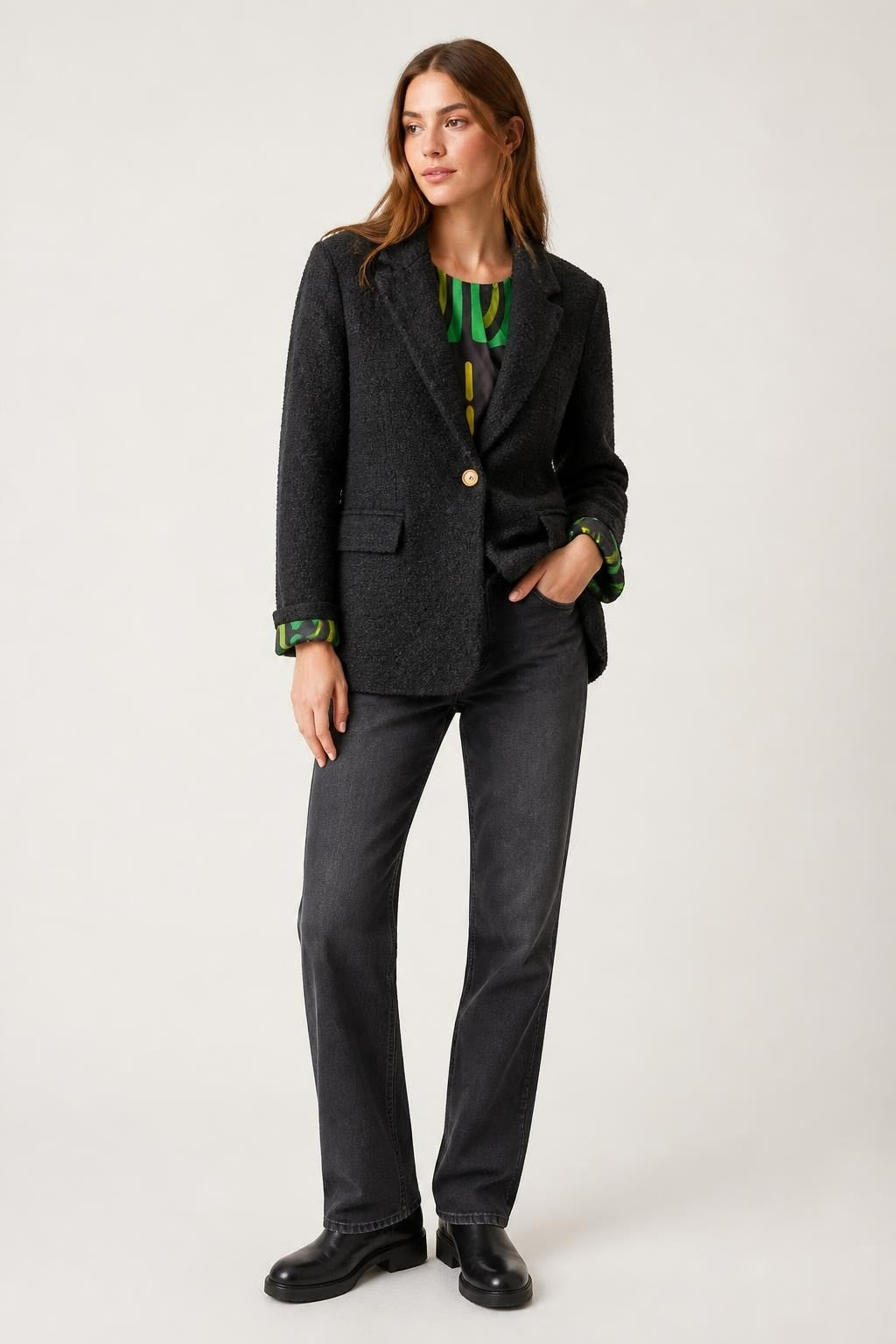 Boucle Blazer Black Gold Button Green Lining - pre-loved at Why Go Less, Lebanon