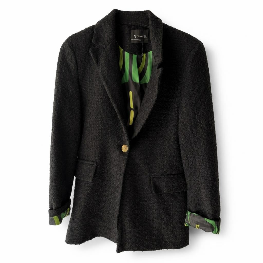 Boucle Blazer Black Gold Button Green Lining - pre-loved at Why Go Less, Lebanon