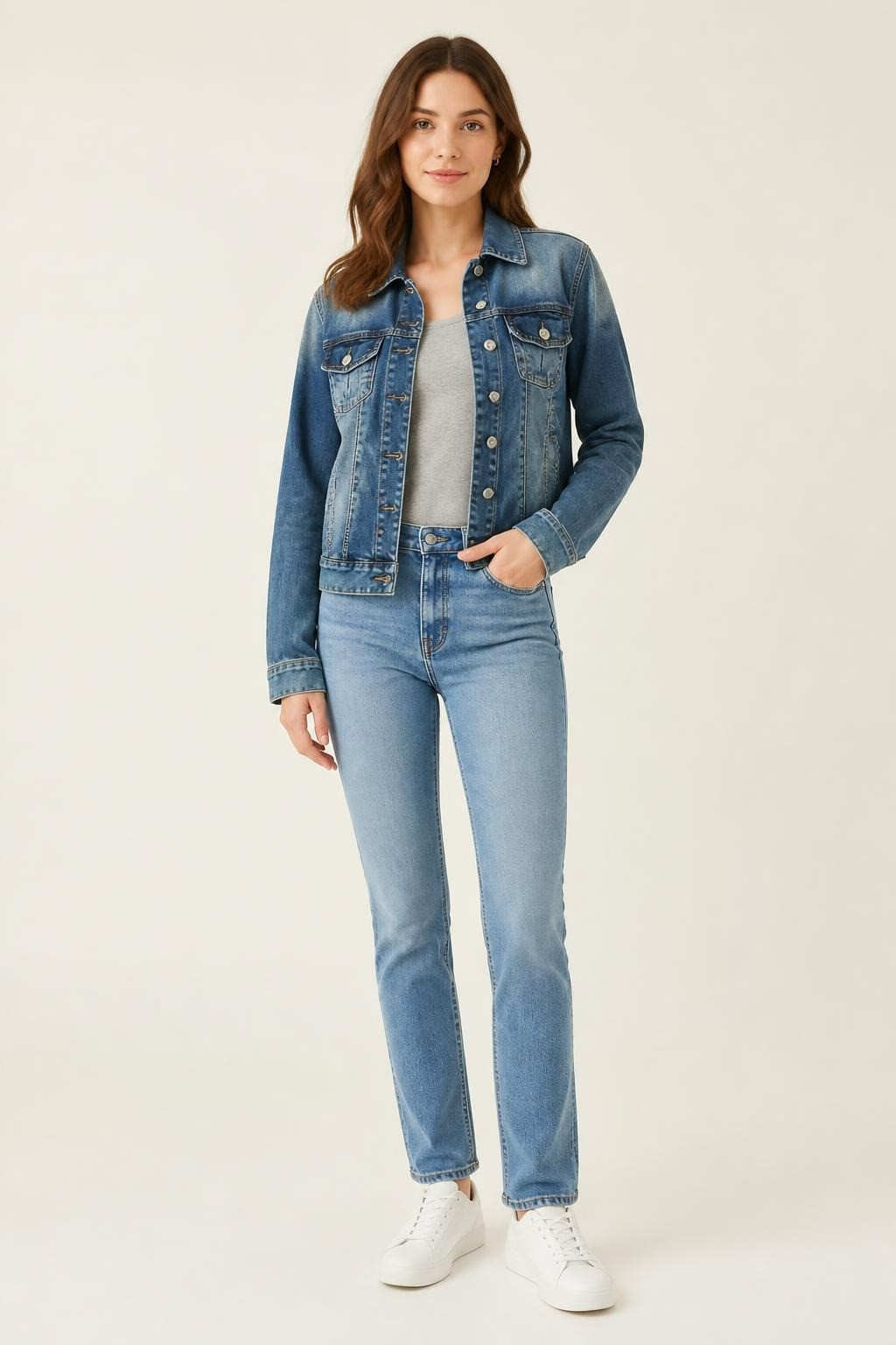 Blue Denim Jacket Fitted Gold Buttons - pre-loved at Why Go Less, Lebanon