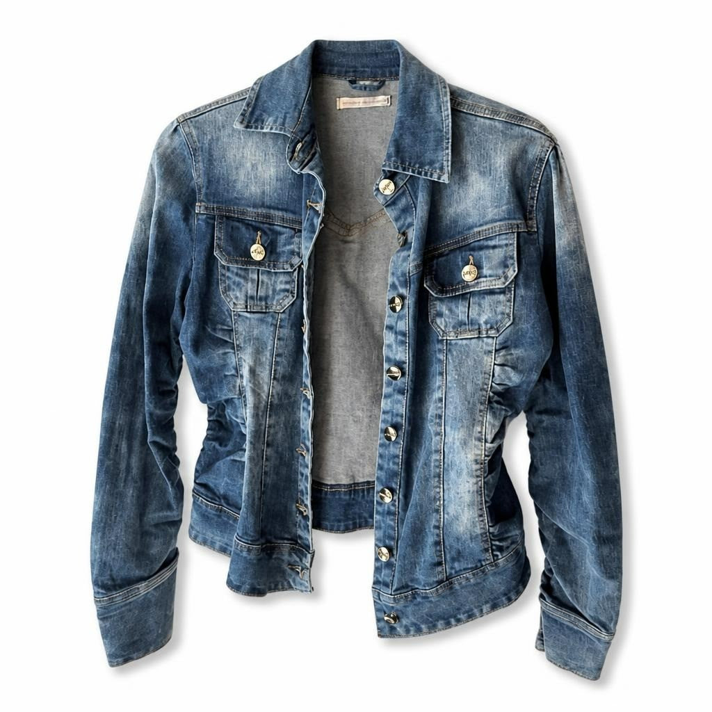 Blue Denim Jacket Fitted Gold Buttons - pre-loved at Why Go Less, Lebanon