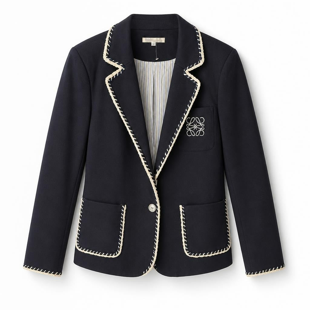 Loewe Navy Blazer Cream Whipstitch Trim - pre-loved at Why Go Less, Lebanon