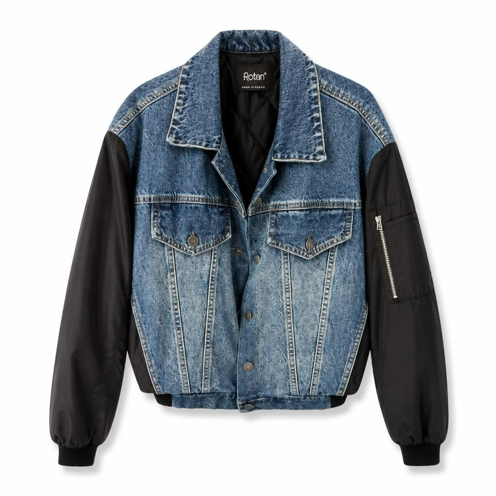 Robin's Denim & Black Sleeve Bomber Jacket - pre-loved at Why Go Less, Lebanon