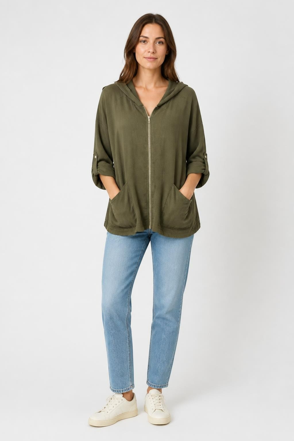 Khaki Olive Hooded Zip-up Jacket - pre-loved at Why Go Less, Lebanon