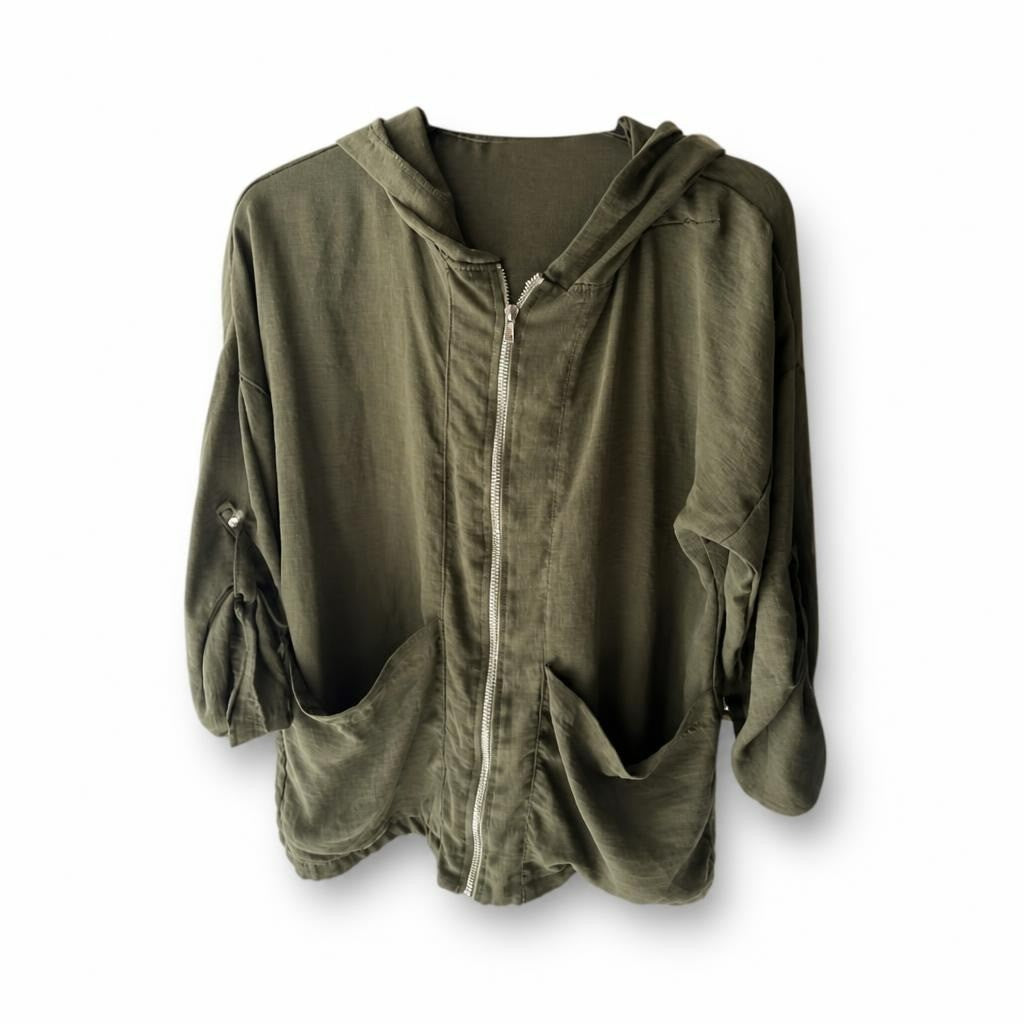 Khaki Olive Hooded Zip-up Jacket - pre-loved at Why Go Less, Lebanon