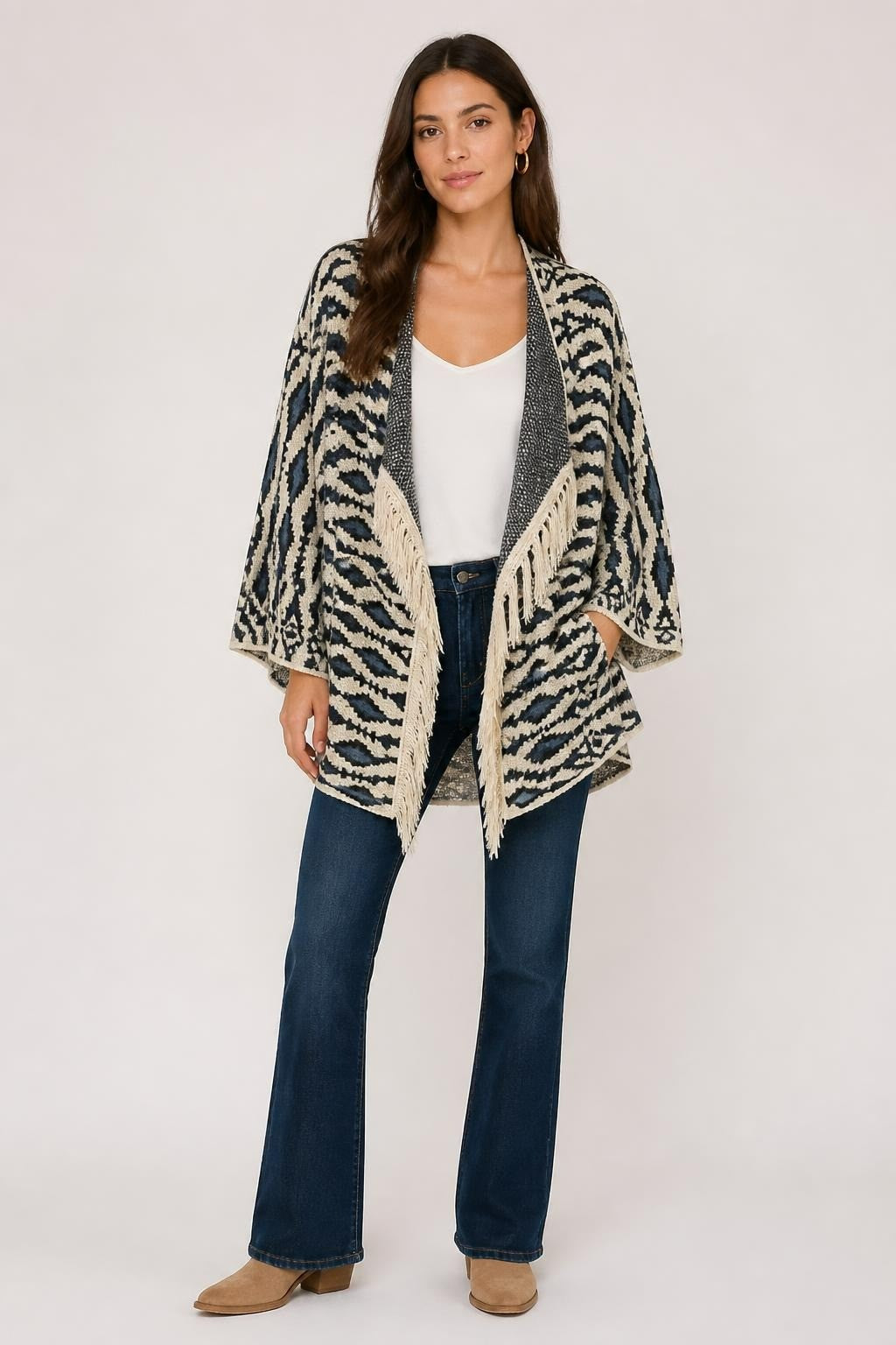 Aztec Fringe Open Cardigan, Navy & Cream - pre-loved at Why Go Less, Lebanon