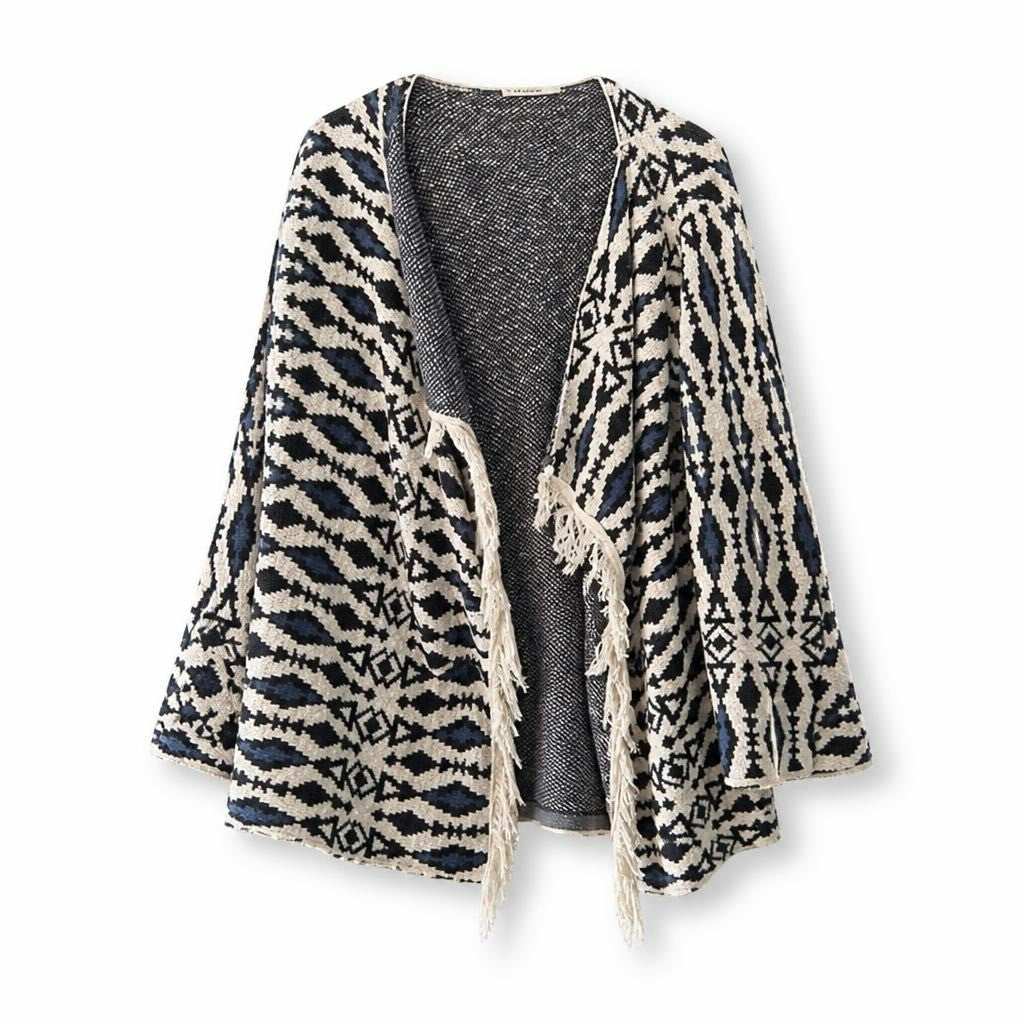 Aztec Fringe Open Cardigan, Navy & Cream - pre-loved at Why Go Less, Lebanon