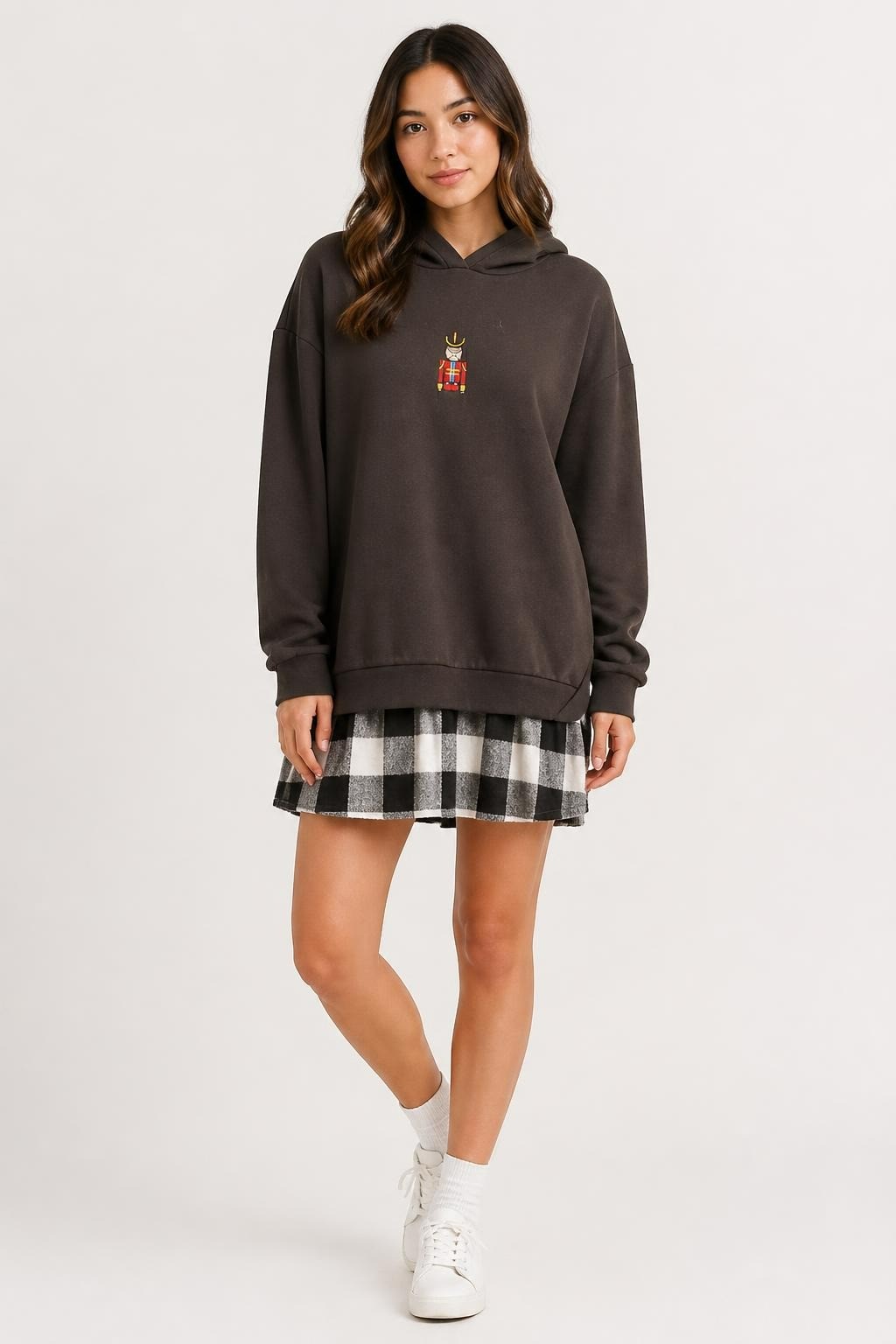 Black Hoodie Nutcracker Embroidery Plaid Hem - pre-loved at Why Go Less, Lebanon