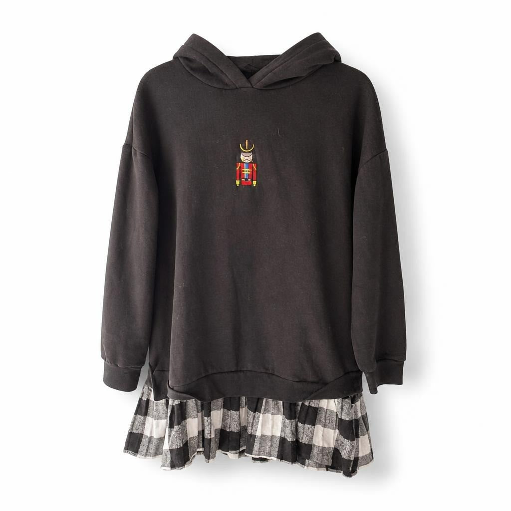Black Hoodie Nutcracker Embroidery Plaid Hem - pre-loved at Why Go Less, Lebanon
