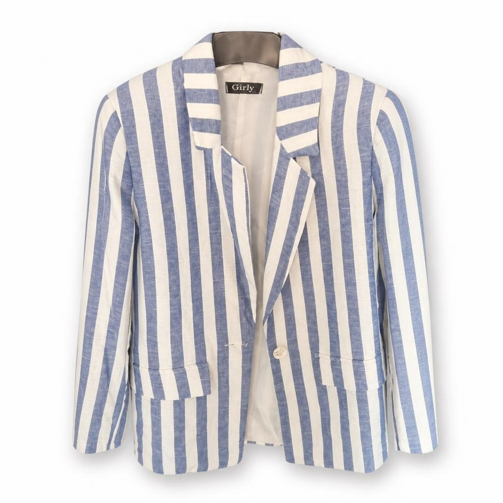 Girly Blue White Striped Linen Blazer - pre-loved at Why Go Less, Lebanon