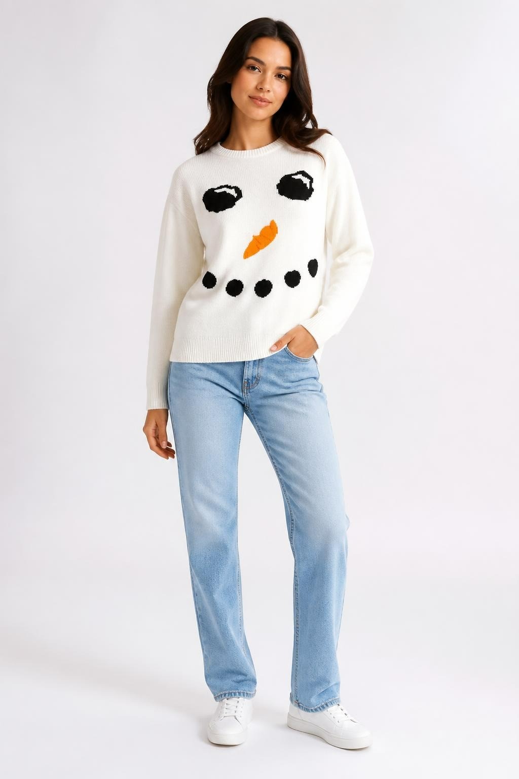 Snowman Face Knit Christmas Sweater White - pre-loved at Why Go Less, Lebanon